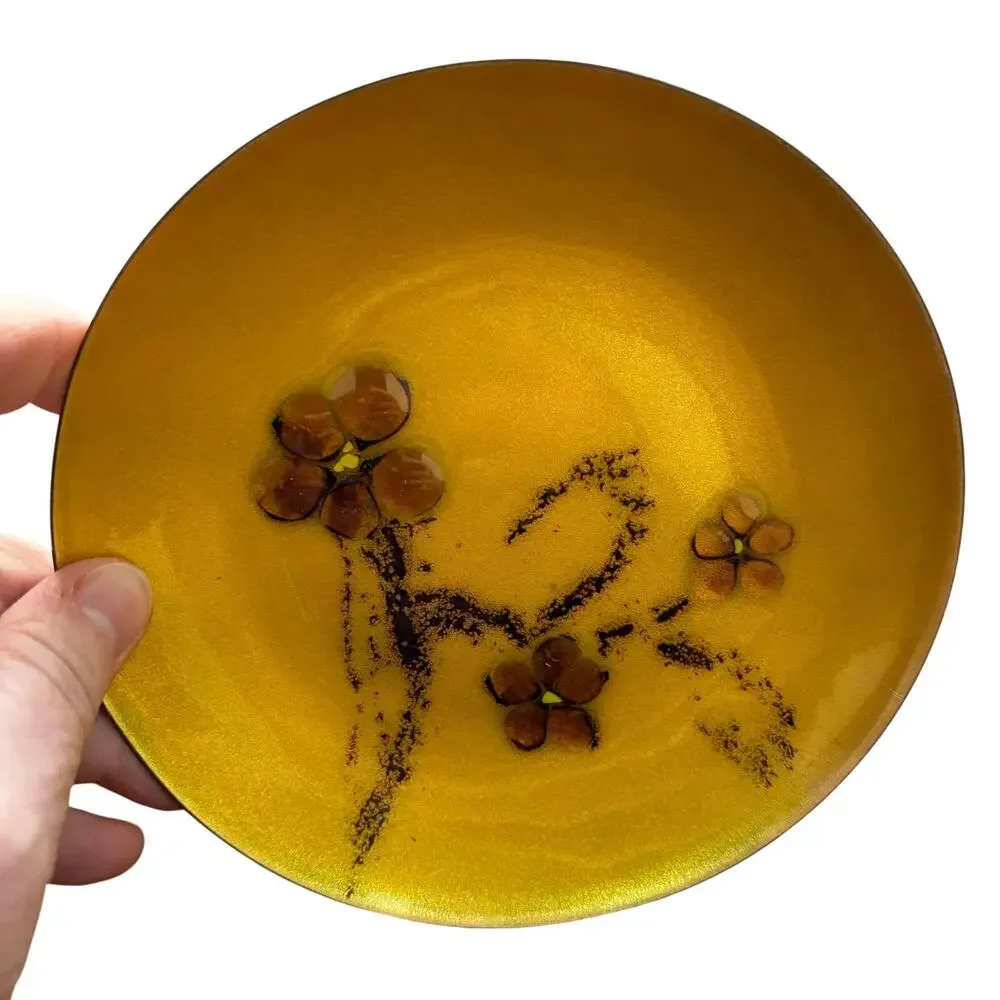 Vintage Mid Century plate enamel on copper dish mod artisan 6” gold flowers